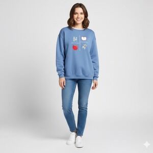 Vintage Embroidered Sweatshirt Womens Small Blue‎ Teacher Apples Crew Neck
